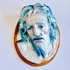 Vintage Jesus Wall Plaque Blue Silver Christian Decor